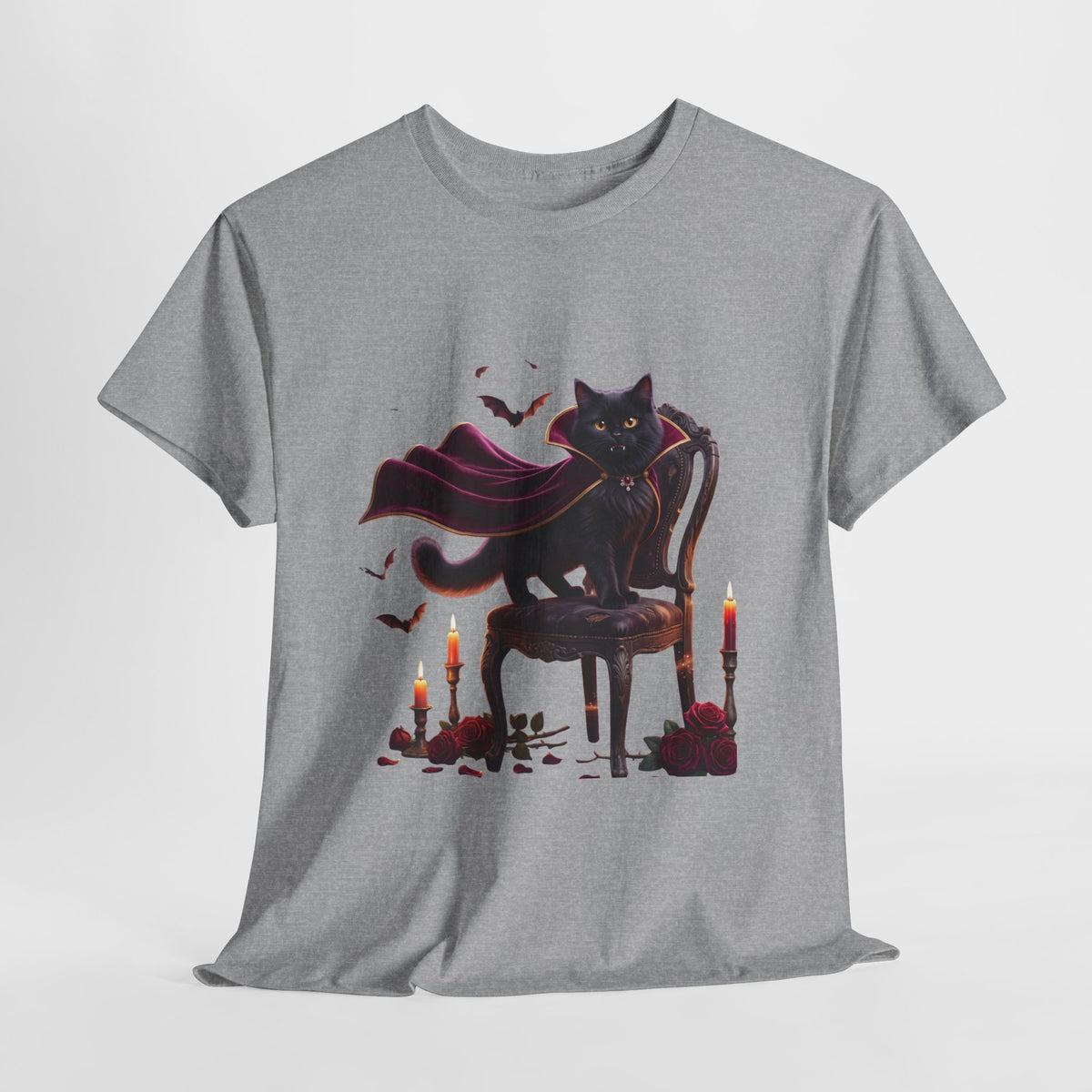Vampire Cat Tee — Gothic Black Cat with Cape & Candles T-Shirt