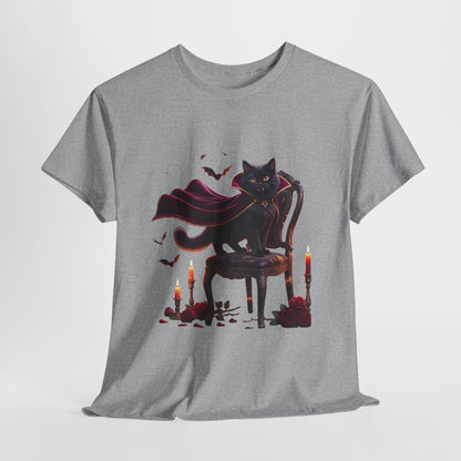 Vampire Cat Tee — Gothic Black Cat with Cape & Candles T-Shirt