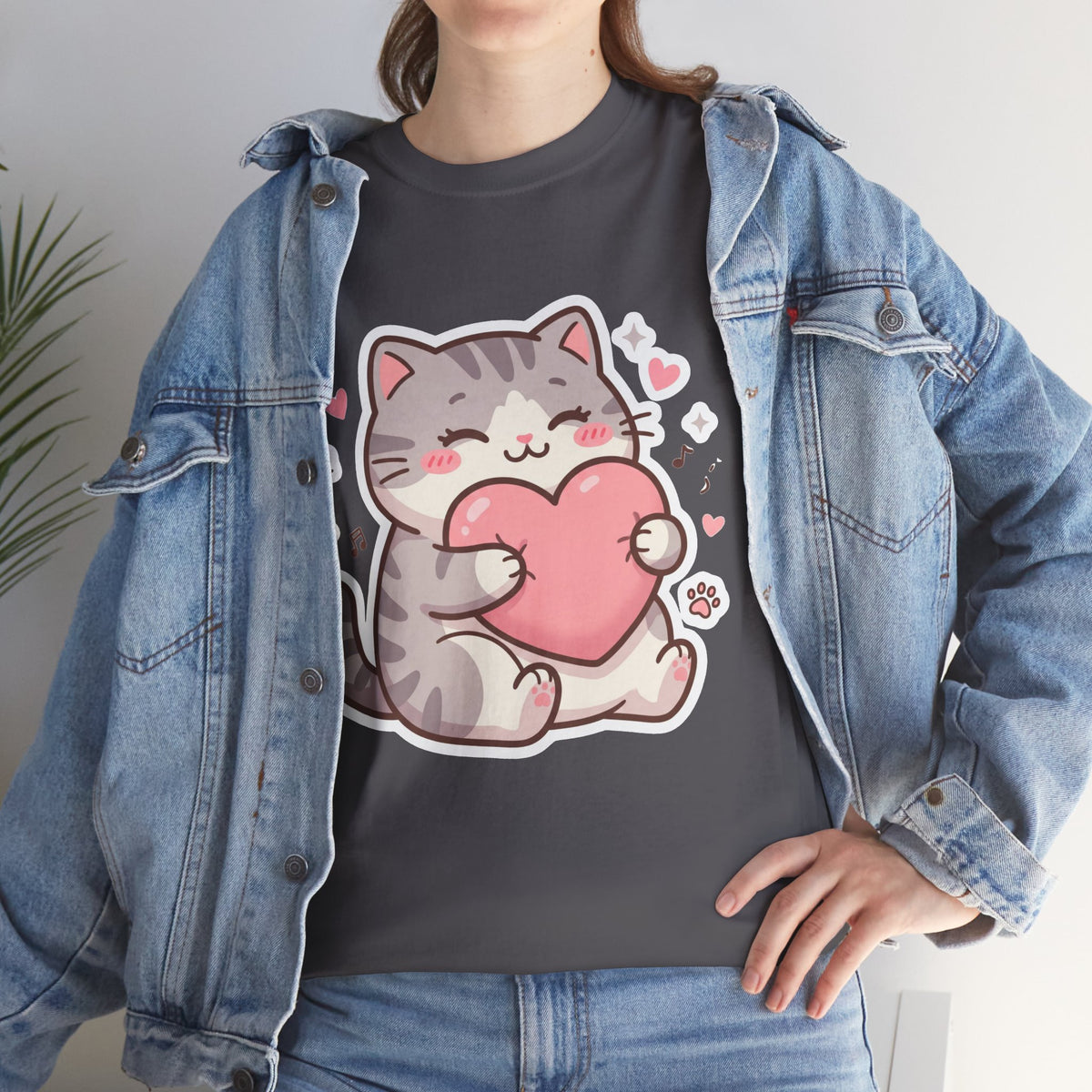 Cute Cat Hugging Heart T-Shirt — Kawaii Valentine Kitty Tee