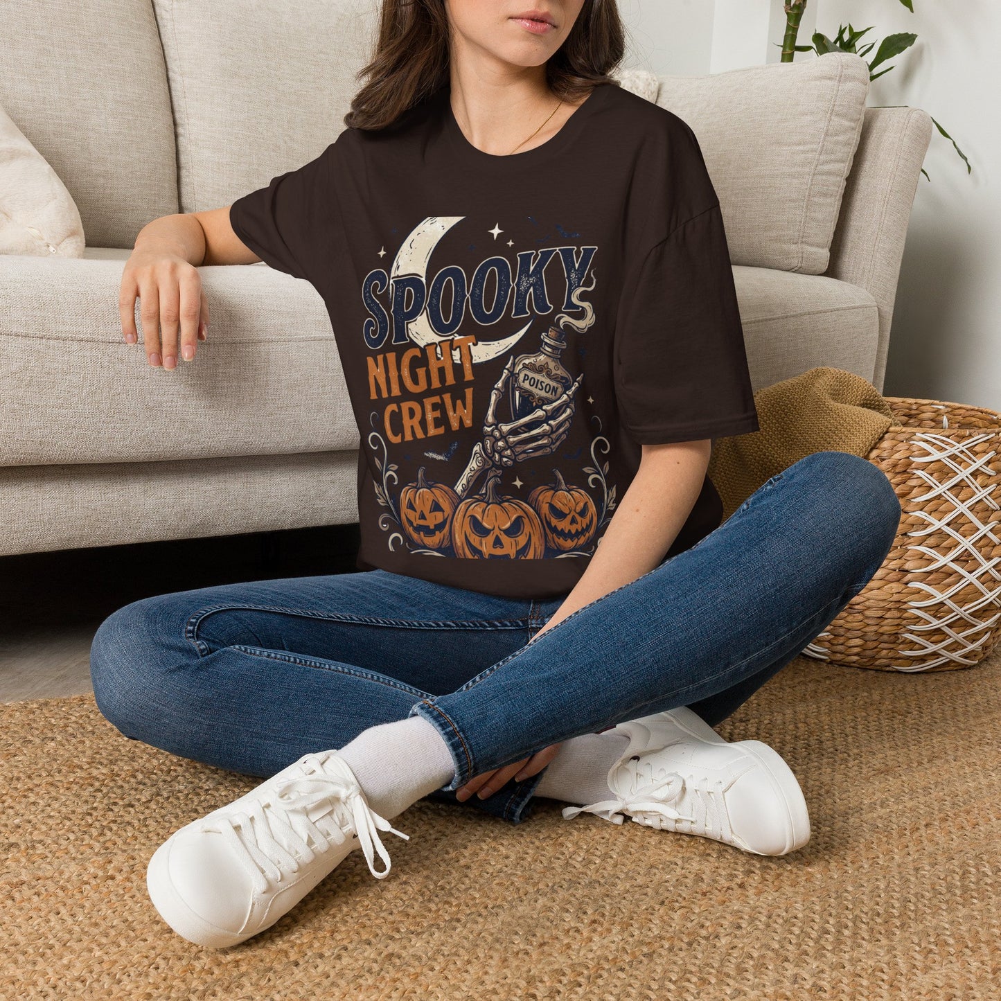Spooky Night Crew T-Shirt — Halloween Moon, Skeleton & Pumpkins Tee