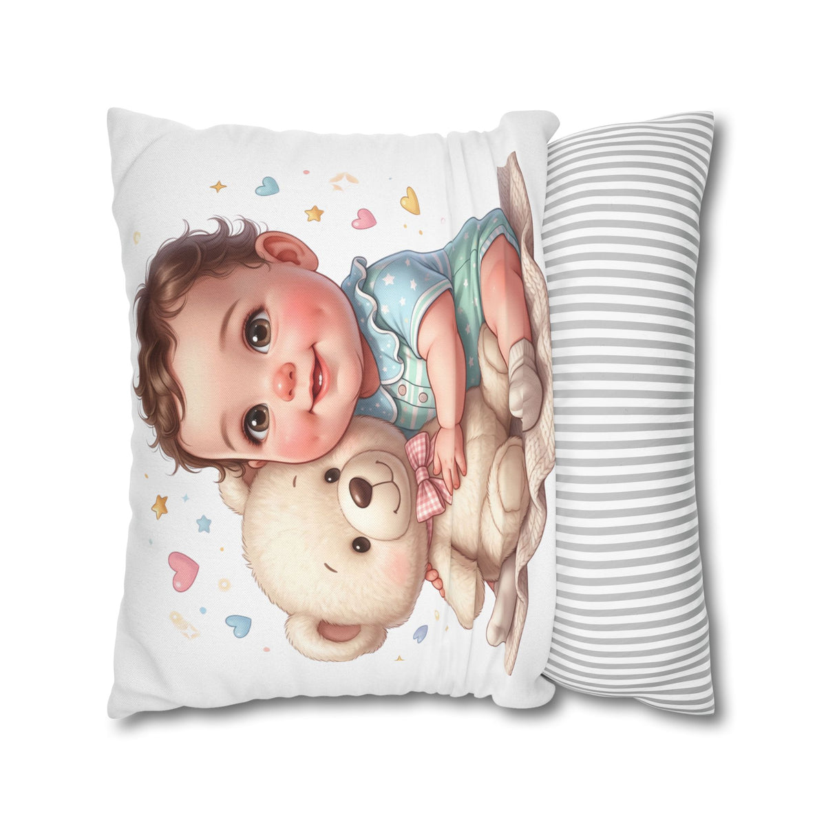 Baby & Teddy Square Pillowcase - Cute Infant Nursery Decorative Throw Pillow