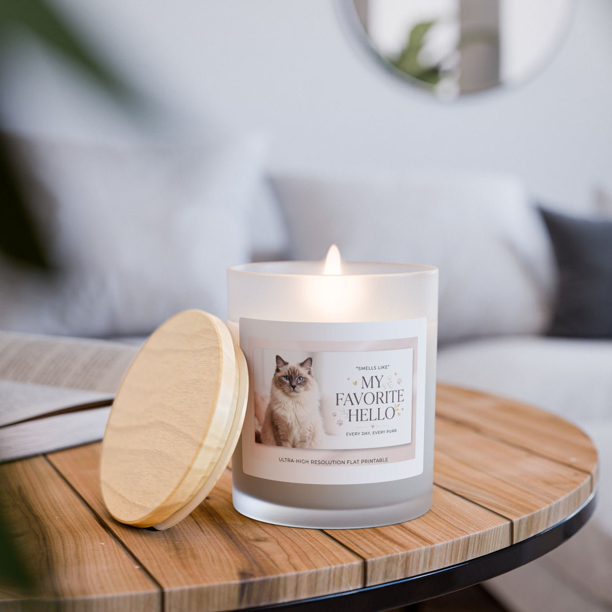 Scented Frosted Glass Candle — “My Favorite Hello” Cat Photo Soy Candle, 11 oz