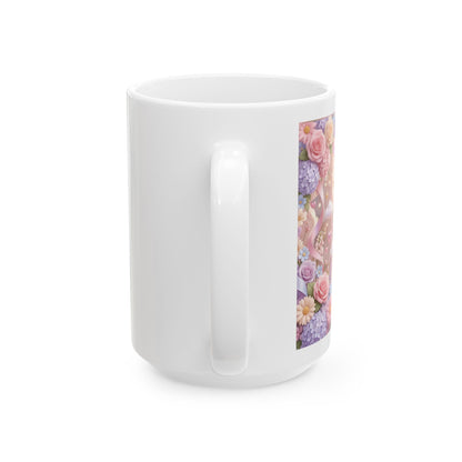 Cute Girl & Teddy Bear Floral Ceramic Mug (11oz, 15oz)