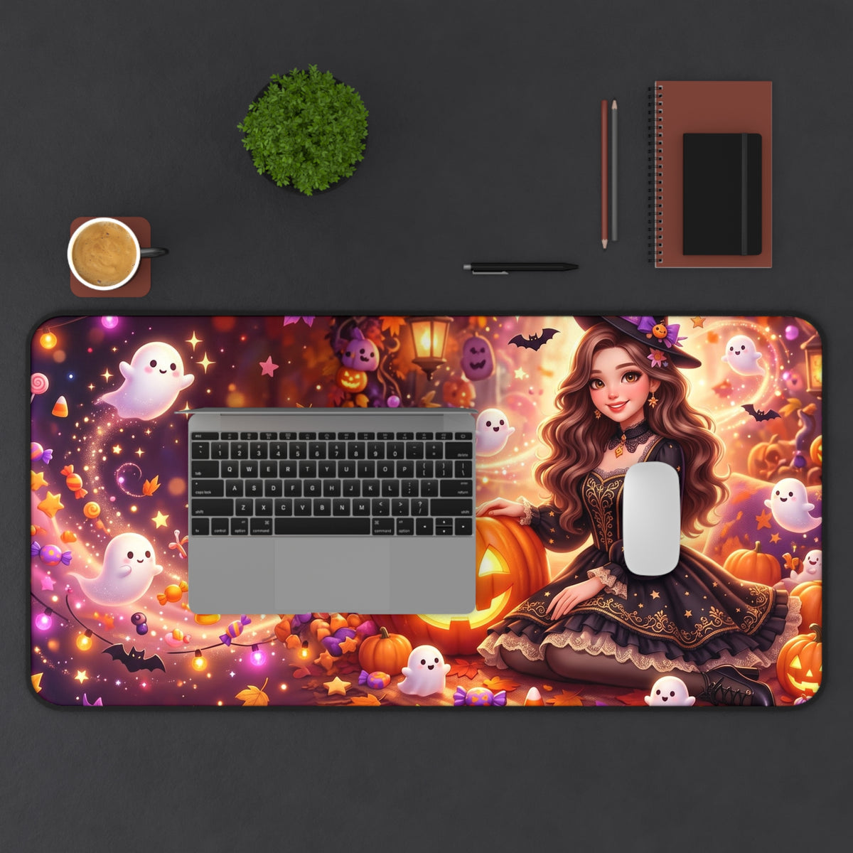 Halloween Witch Desk Mat — Cute Pumpkin & Ghosts Gaming Mouse Pad