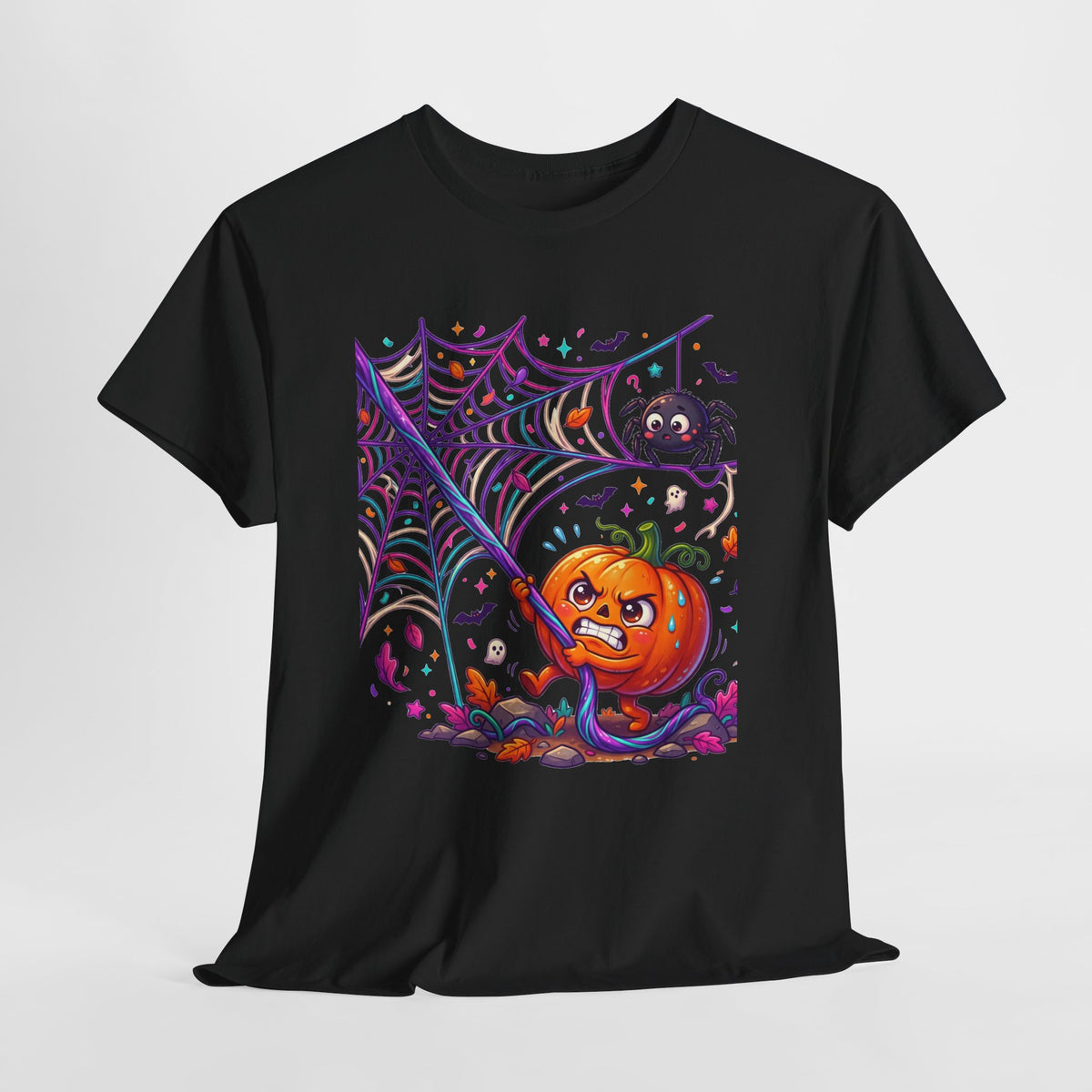 Pumpkin Spider Web Halloween T‑Shirt — Cute Spooky Pumpkin Cartoon Tee
