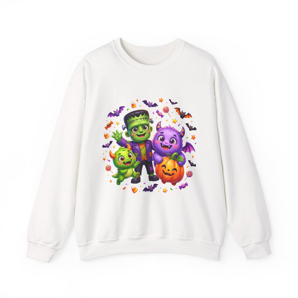 Halloween Monster Crewneck Sweatshirt — Cute Frankenstein, Vampire & Pumpkin Design