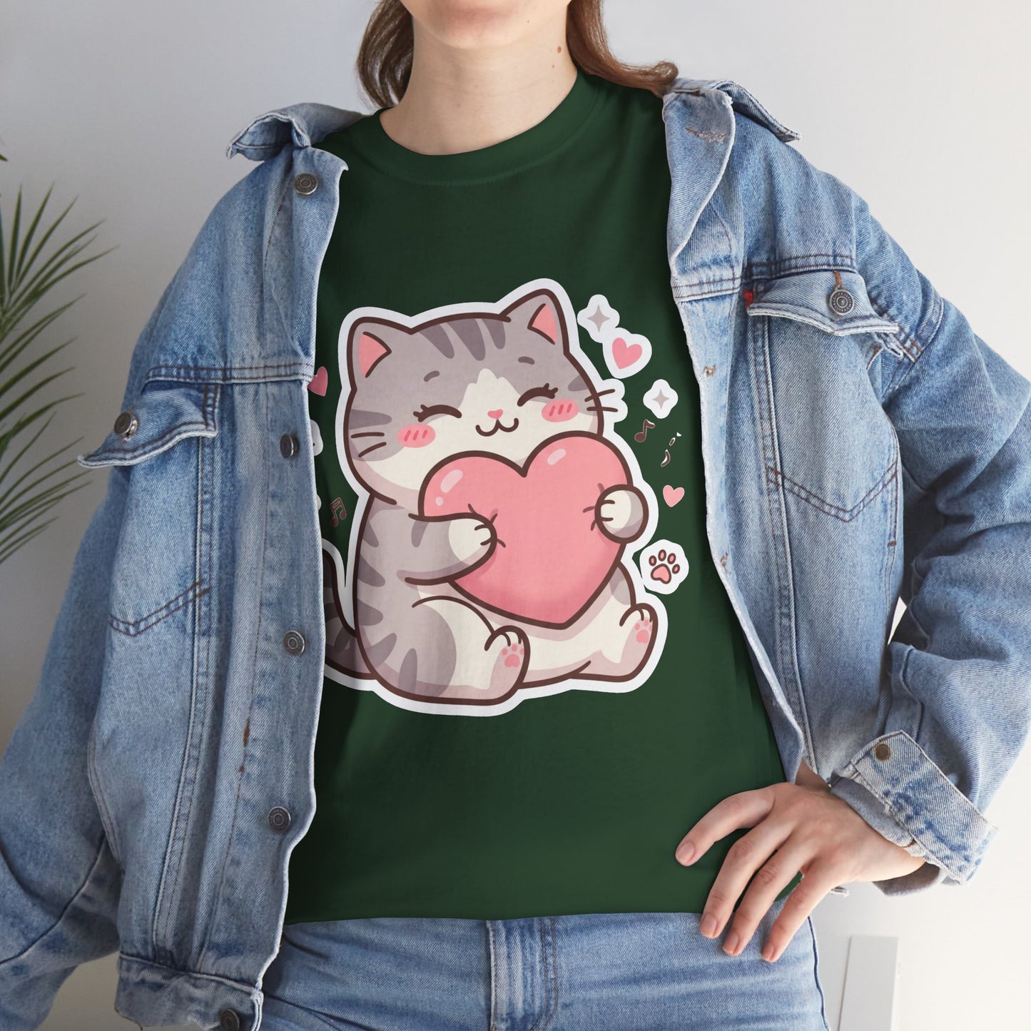 Cute Cat Hugging Heart T-Shirt — Kawaii Valentine Kitty Tee