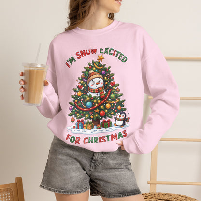 Christmas Sweatshirt – "I’m Snow Excited for Christmas" Cute Snowman Tree Holiday Crewneck
