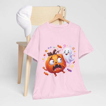 Cute Halloween Pumpkin & Ghost Tee — Scared Pumpkin Candy Graphic T-Shirt