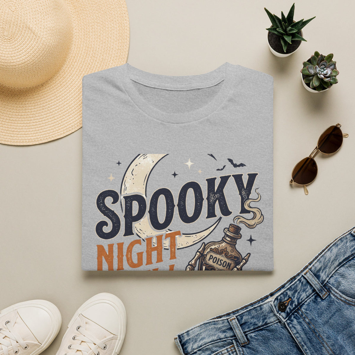 Spooky Night Crew T-Shirt — Halloween Moon, Skeleton & Pumpkins Tee