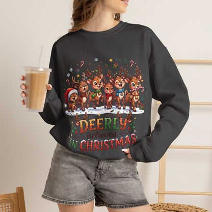 Christmas Reindeer Crewneck Sweatshirt — "Deerly Believed in Christmas" Holiday Pullover