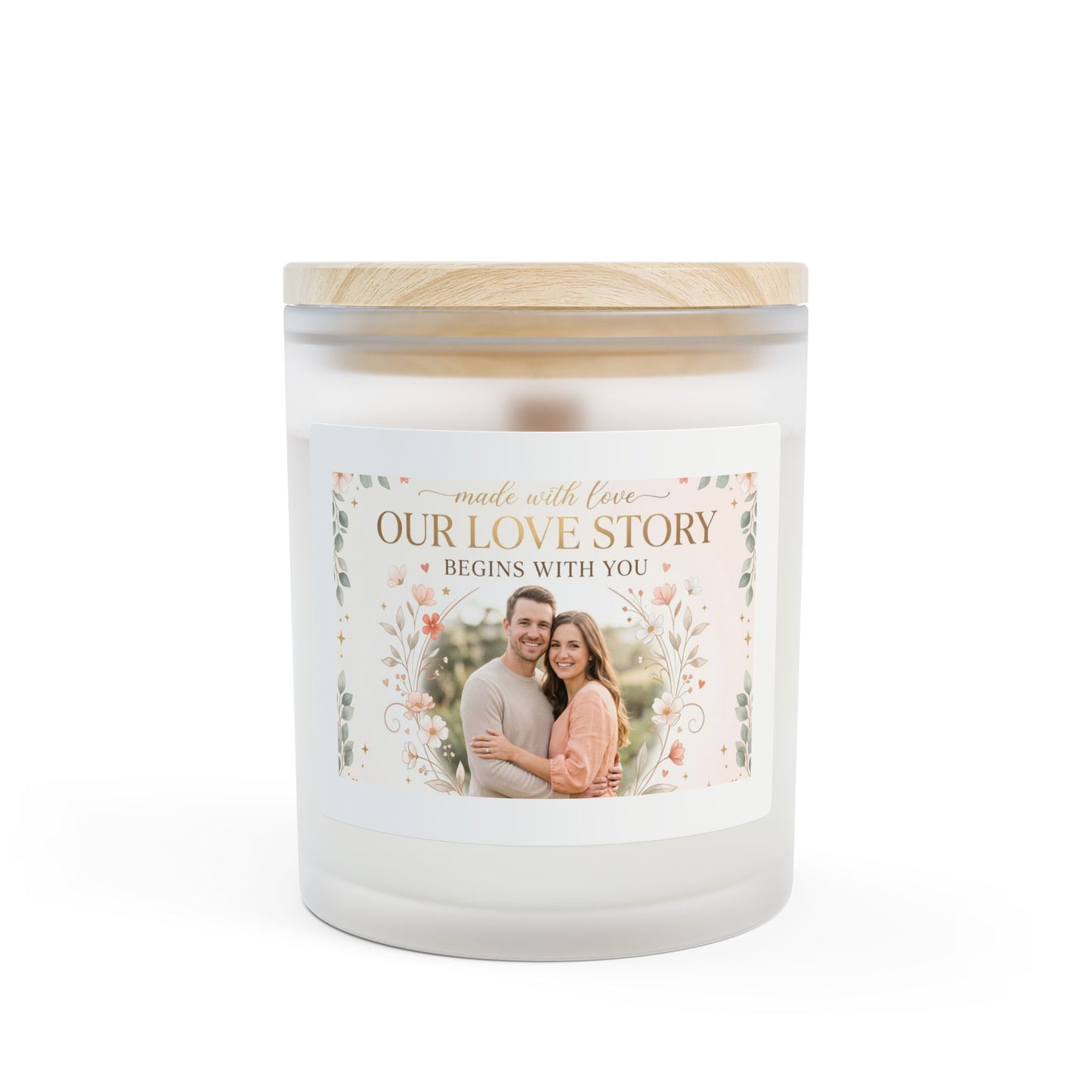 Our Love Story Personalized Frosted Glass Candle – 11oz Romantic Photo Candle