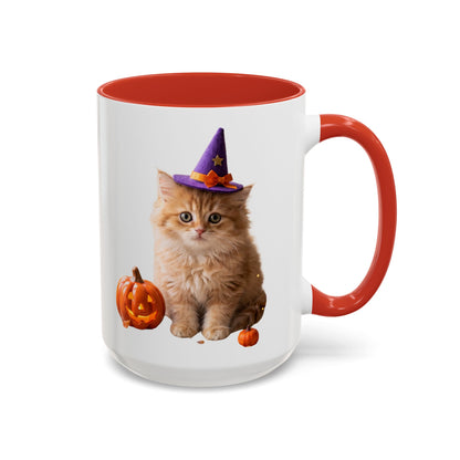 Halloween Cat Coffee Mug with Witch Hat and Pumpkin