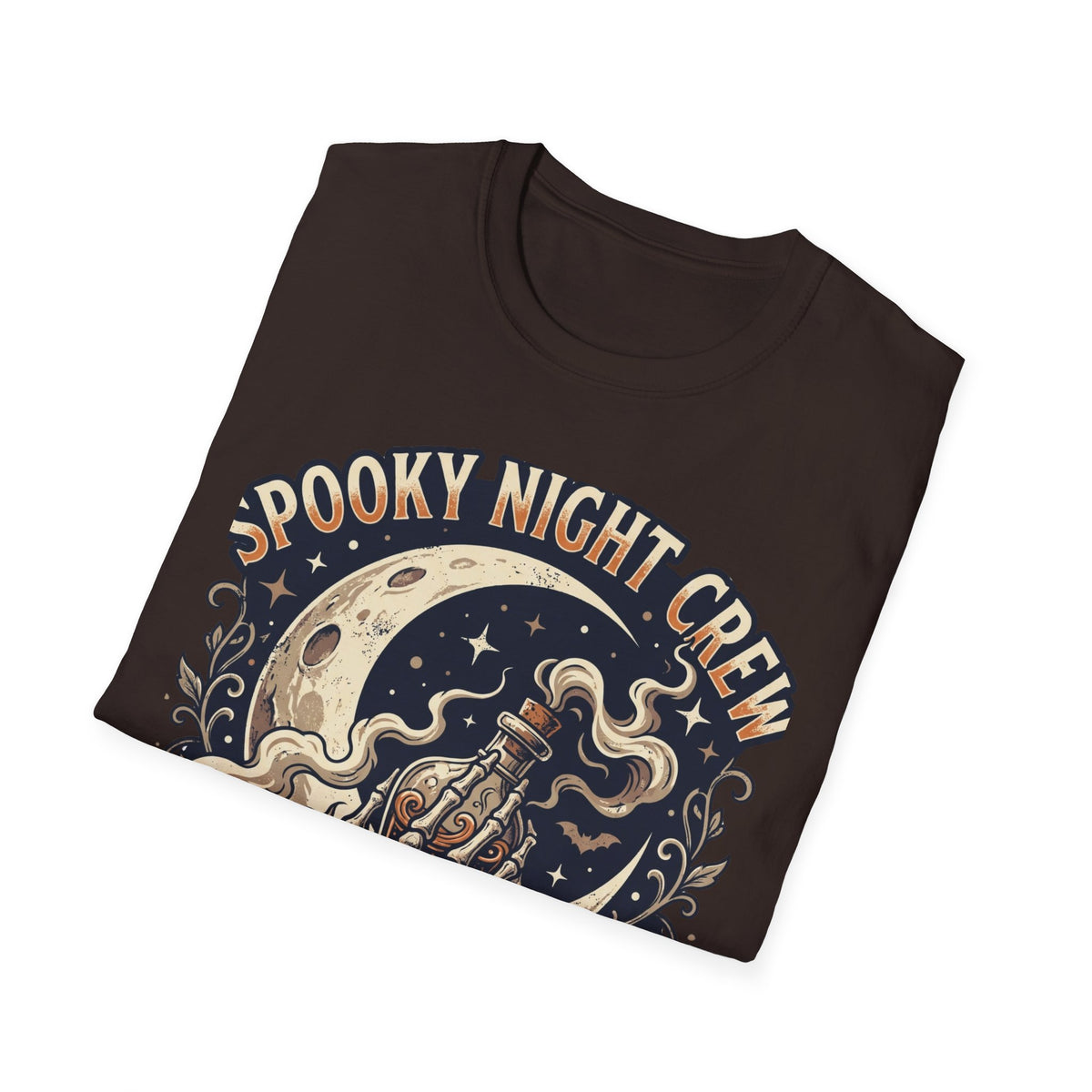 Spooky Night Crew T-Shirt — Vintage Halloween Moon & Skeleton Graphic