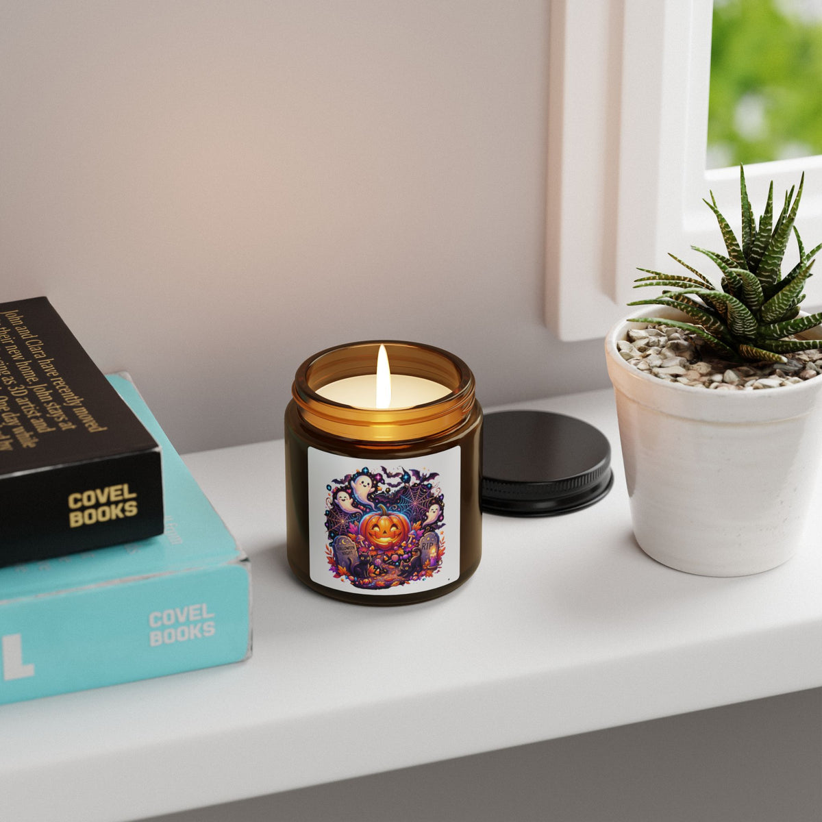Halloween Pumpkin & Ghosts Soy Candle — Amber Jar (Scented, Multi-Size)