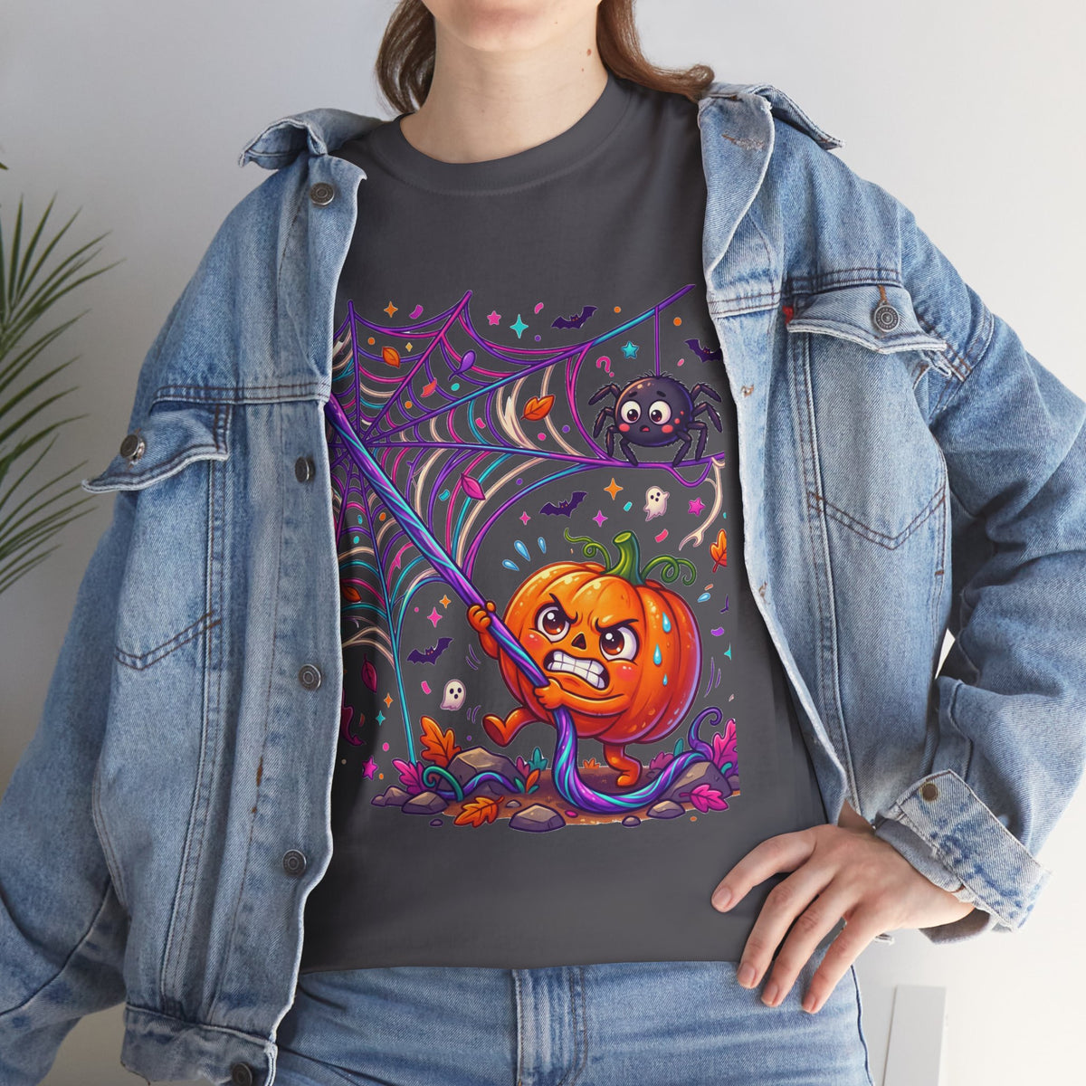 Pumpkin Spider Web Halloween T‑Shirt — Cute Spooky Pumpkin Cartoon Tee