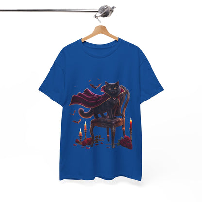 Vampire Cat Tee — Gothic Black Cat with Cape & Candles T-Shirt