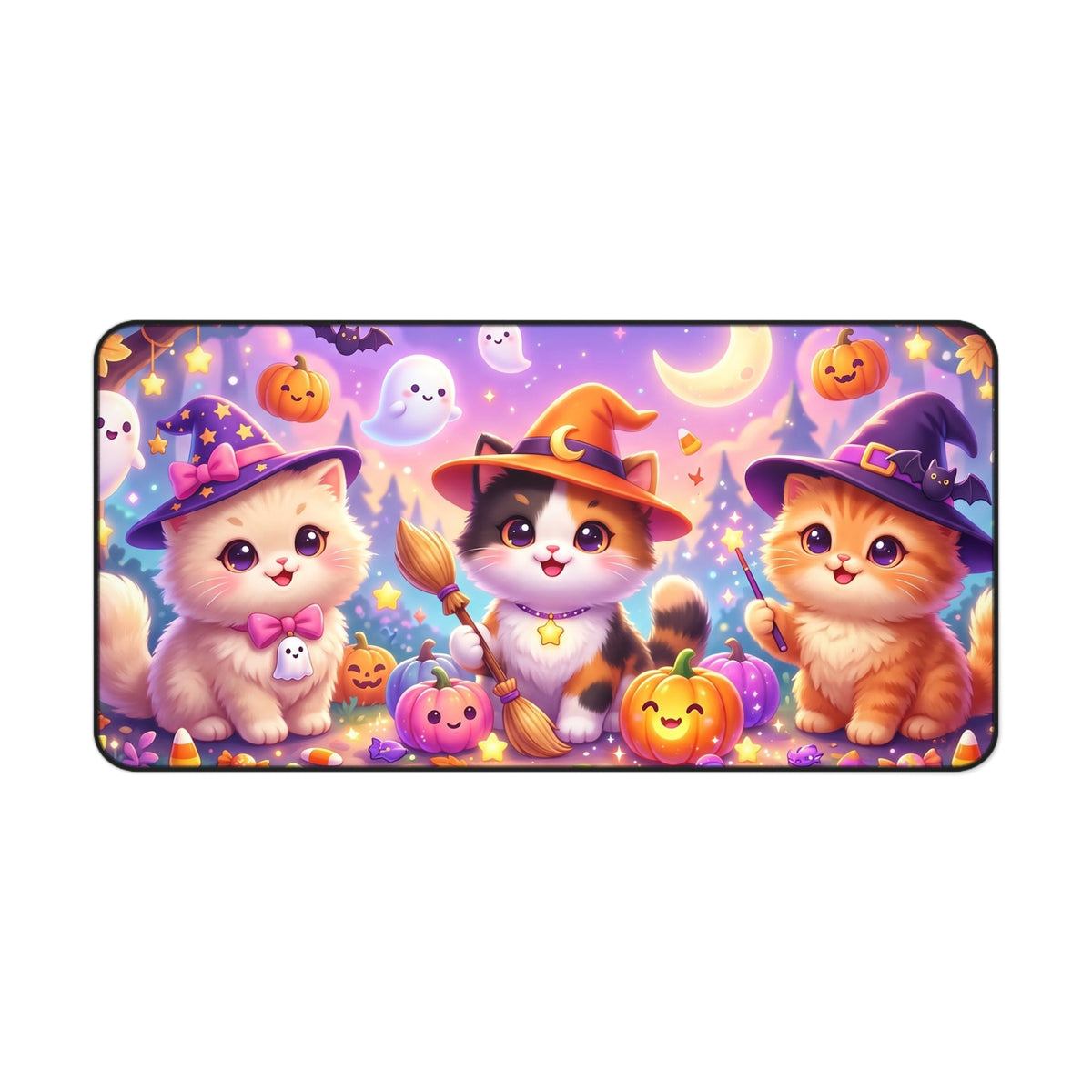 Halloween Kittens Desk Mat — Cute Witch Cat Pumpkins Gaming Mouse Pad