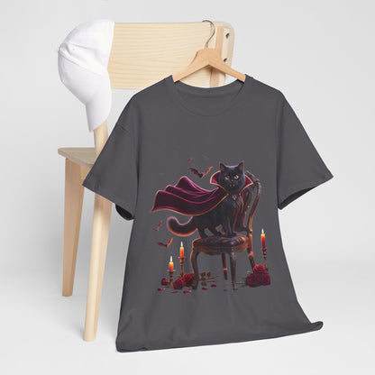Vampire Cat Tee — Gothic Black Cat with Cape & Candles T-Shirt