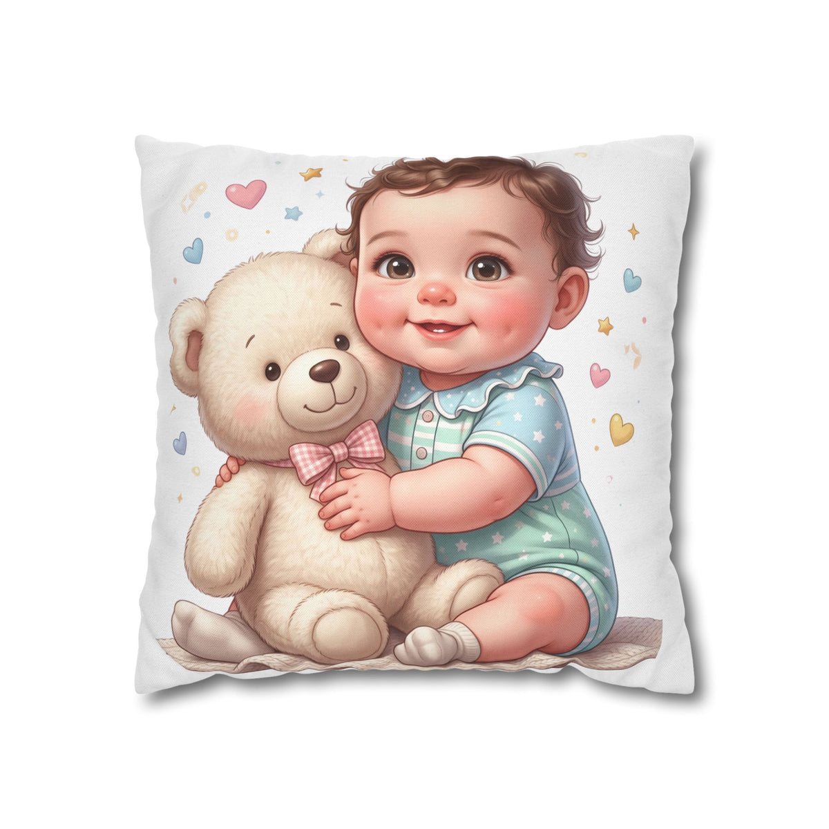 Baby & Teddy Square Pillowcase - Cute Infant Nursery Decorative Throw Pillow