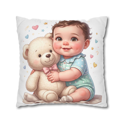 Baby & Teddy Square Pillowcase - Cute Infant Nursery Decorative Throw Pillow