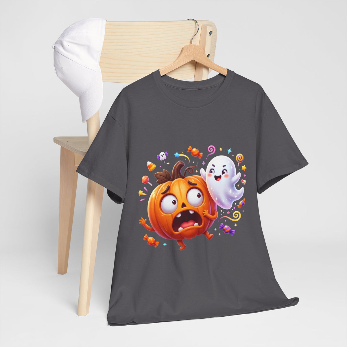 Cute Halloween Pumpkin & Ghost Tee — Scared Pumpkin Candy Graphic T-Shirt