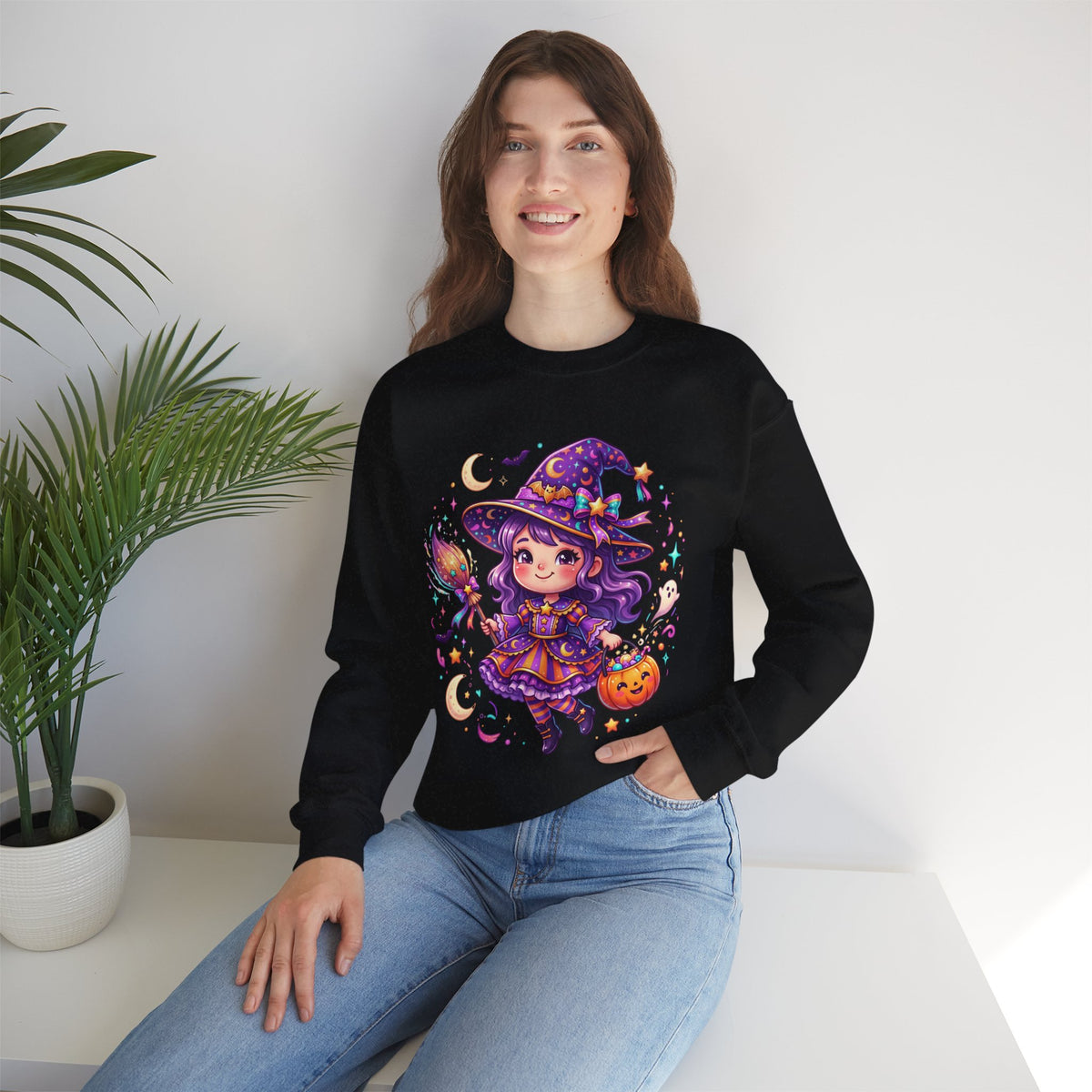 Cute Halloween Witch Sweatshirt — Kawaii Pumpkin Magic Crewneck