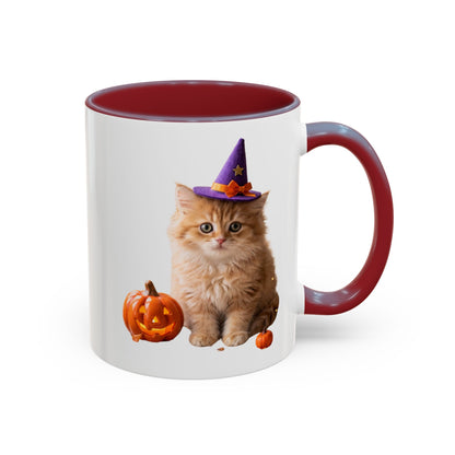 Halloween Cat Coffee Mug with Witch Hat and Pumpkin