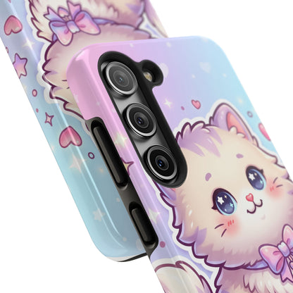 Cute Pastel Kawaii Kitten Tough Phone Case — Cute Cat with Bow Protective Cover