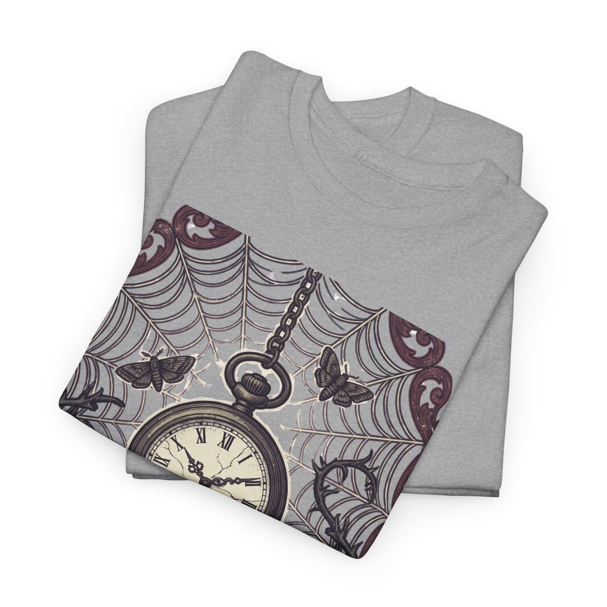 Caught in the Night Pocket Watch Tee — Gothic Spiderweb Vintage Clock T‑Shirt