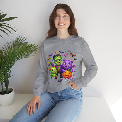 Halloween Monster Crewneck Sweatshirt — Cute Frankenstein, Vampire & Pumpkin Design