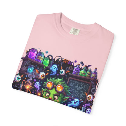 Mad Scientist Cat Lab T-Shirt — Neon Potion Halloween Tee