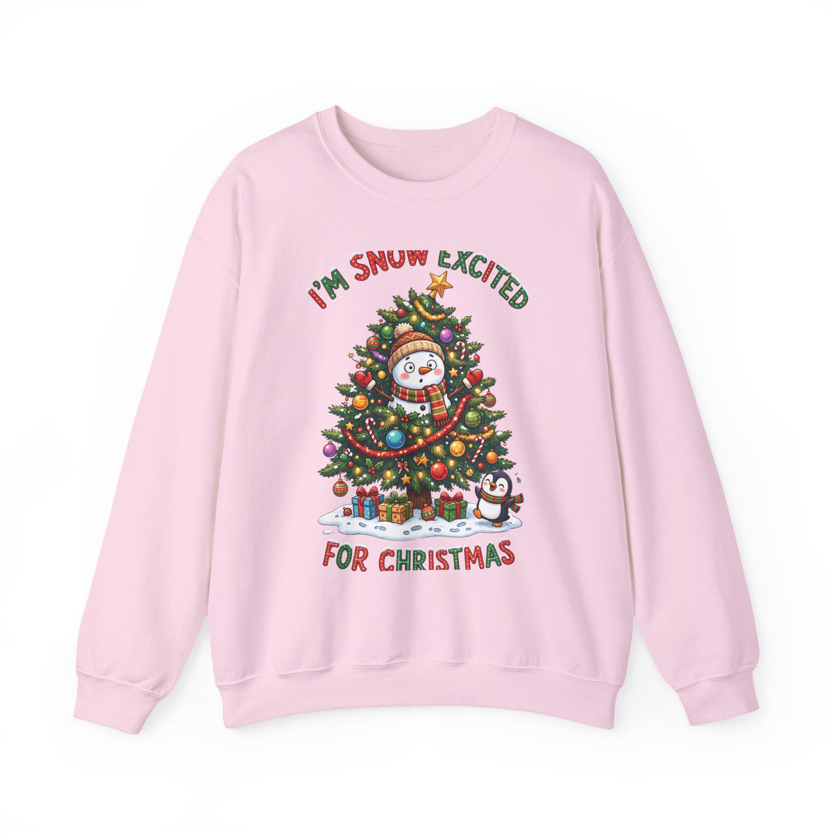Christmas Sweatshirt – "I’m Snow Excited for Christmas" Cute Snowman Tree Holiday Crewneck