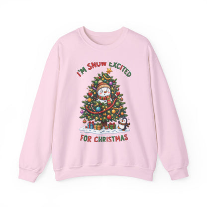 Christmas Sweatshirt – "I’m Snow Excited for Christmas" Cute Snowman Tree Holiday Crewneck