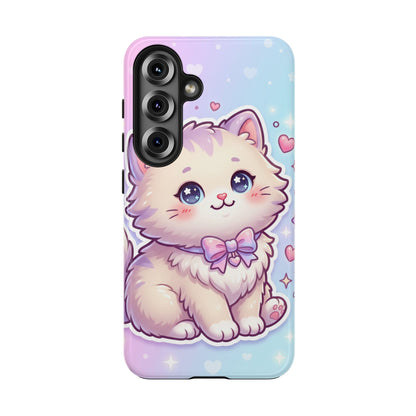 Cute Pastel Kawaii Kitten Tough Phone Case — Cute Cat with Bow Protective Cover