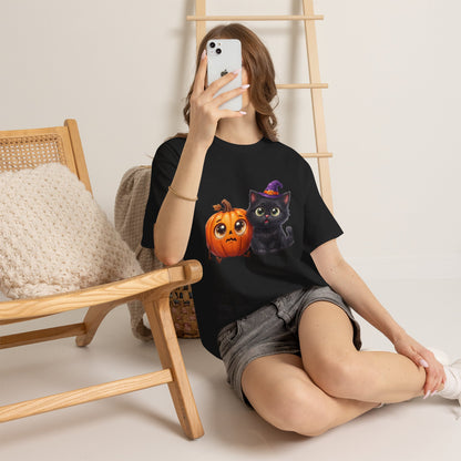 Halloween Black Cat & Pumpkin T‑Shirt — Cute Witch Hat Kitty Fall Tee
