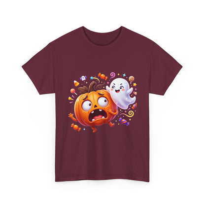 Cute Halloween Pumpkin & Ghost Tee — Scared Pumpkin Candy Graphic T-Shirt
