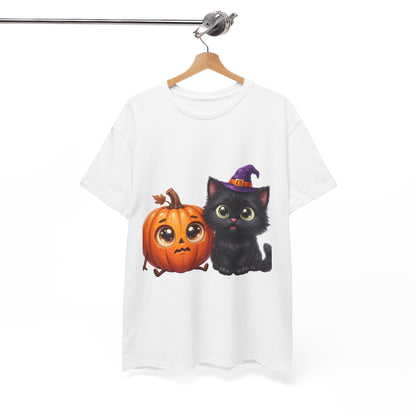 Halloween Black Cat & Pumpkin T‑Shirt — Cute Witch Hat Kitty Fall Tee