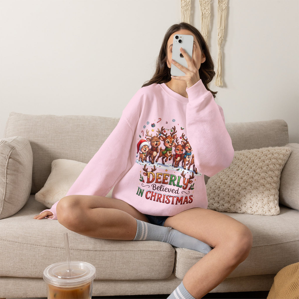 Christmas Reindeer Crewneck Sweatshirt — "Deerly Believed in Christmas" Holiday Pullover