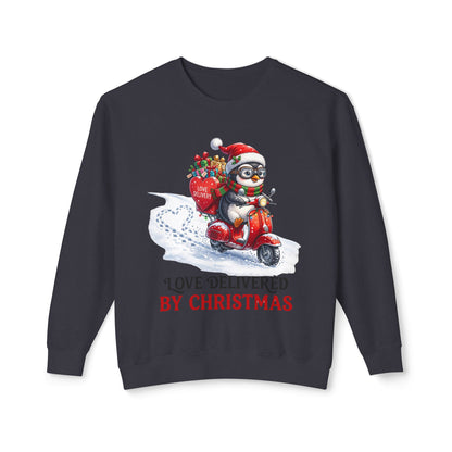 Christmas Penguin Scooter Sweatshirt — "Love Delivered by Christmas" Holiday Crewneck
