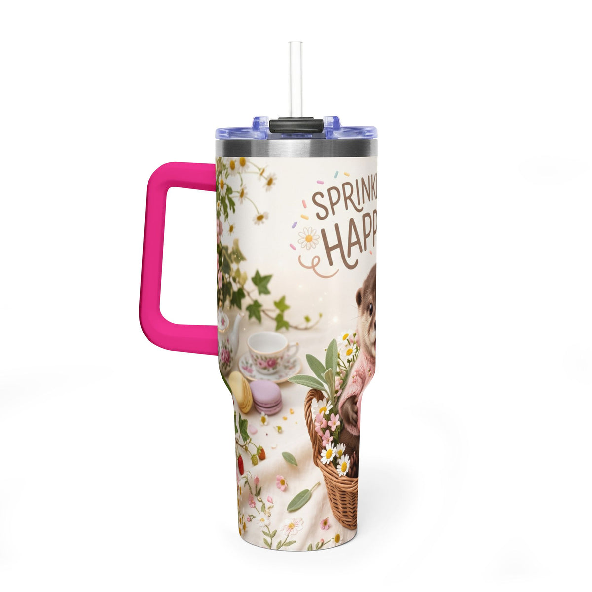 40oz Tumbler – “Sprinkled with Happiness” Puppy Floral Drink Cup
