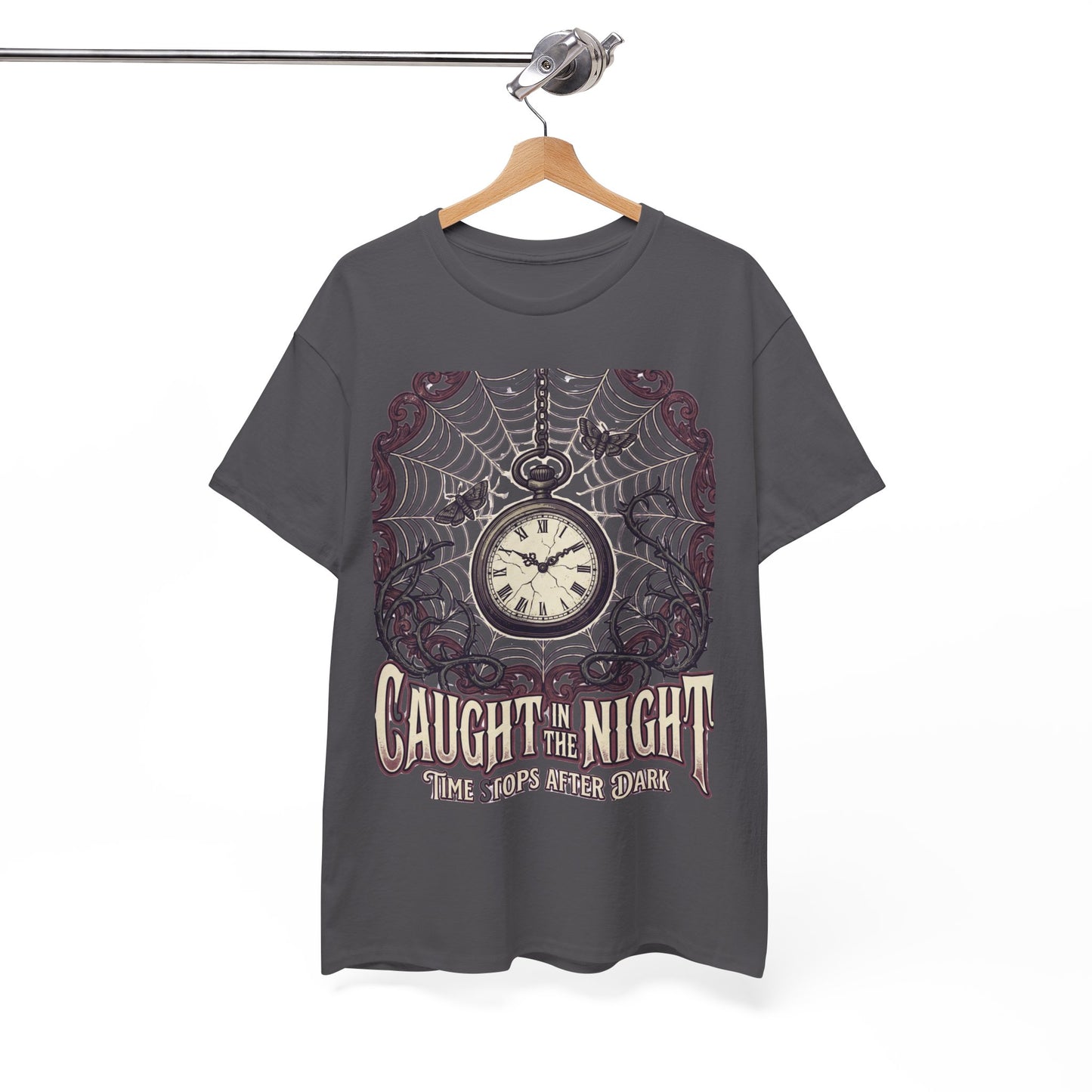 Caught in the Night Pocket Watch Tee — Gothic Spiderweb Vintage Clock T‑Shirt