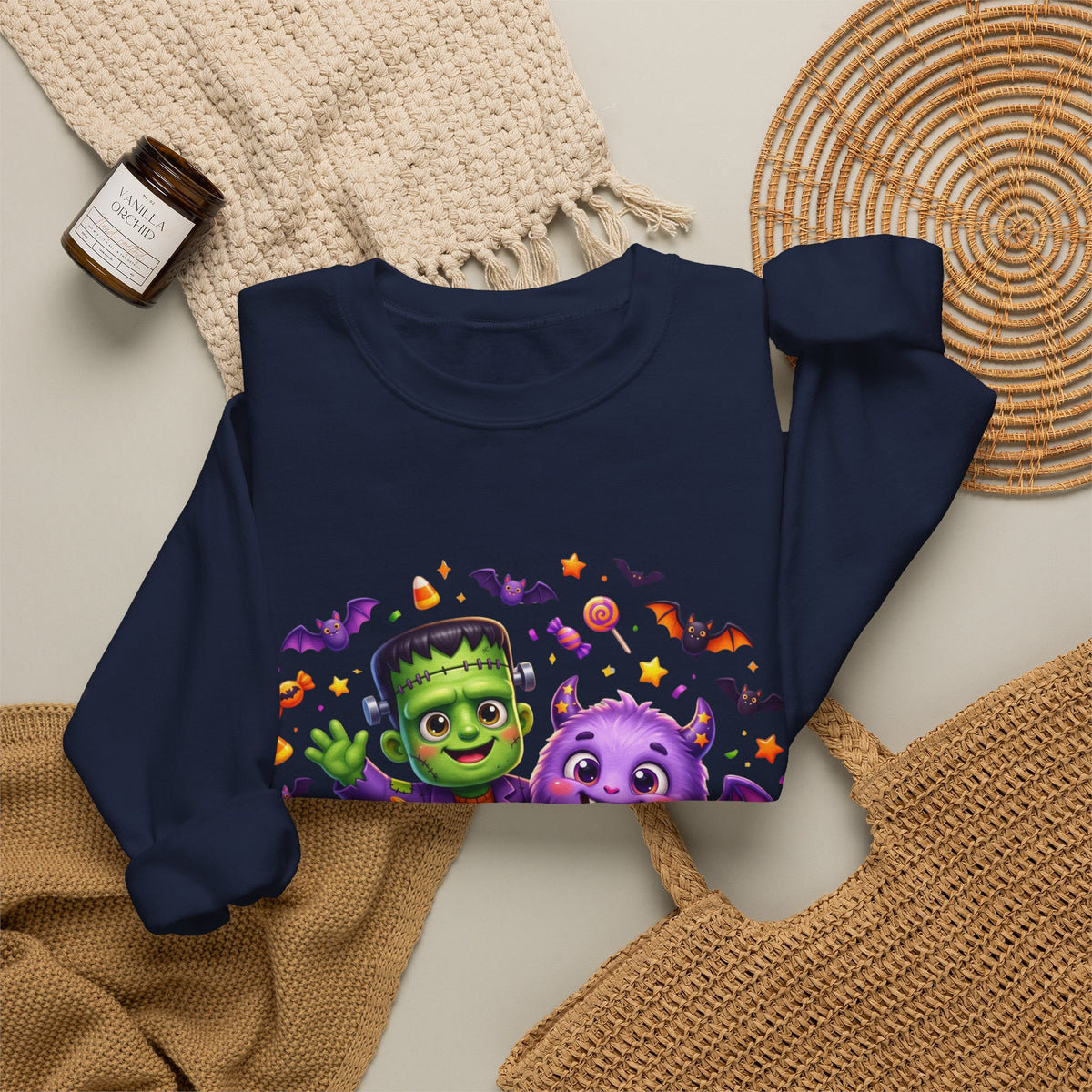 Halloween Monster Crewneck Sweatshirt — Cute Frankenstein, Vampire & Pumpkin Design