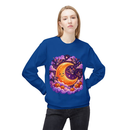 Halloween Moon Crewneck Sweatshirt — Cute Smiling Moon, Pumpkins & Bats Pullover