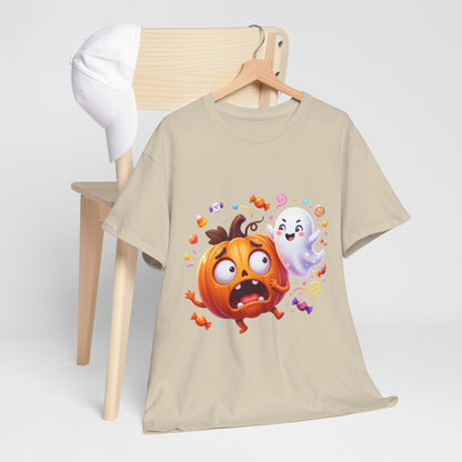 Cute Halloween Pumpkin & Ghost Tee — Scared Pumpkin Candy Graphic T-Shirt
