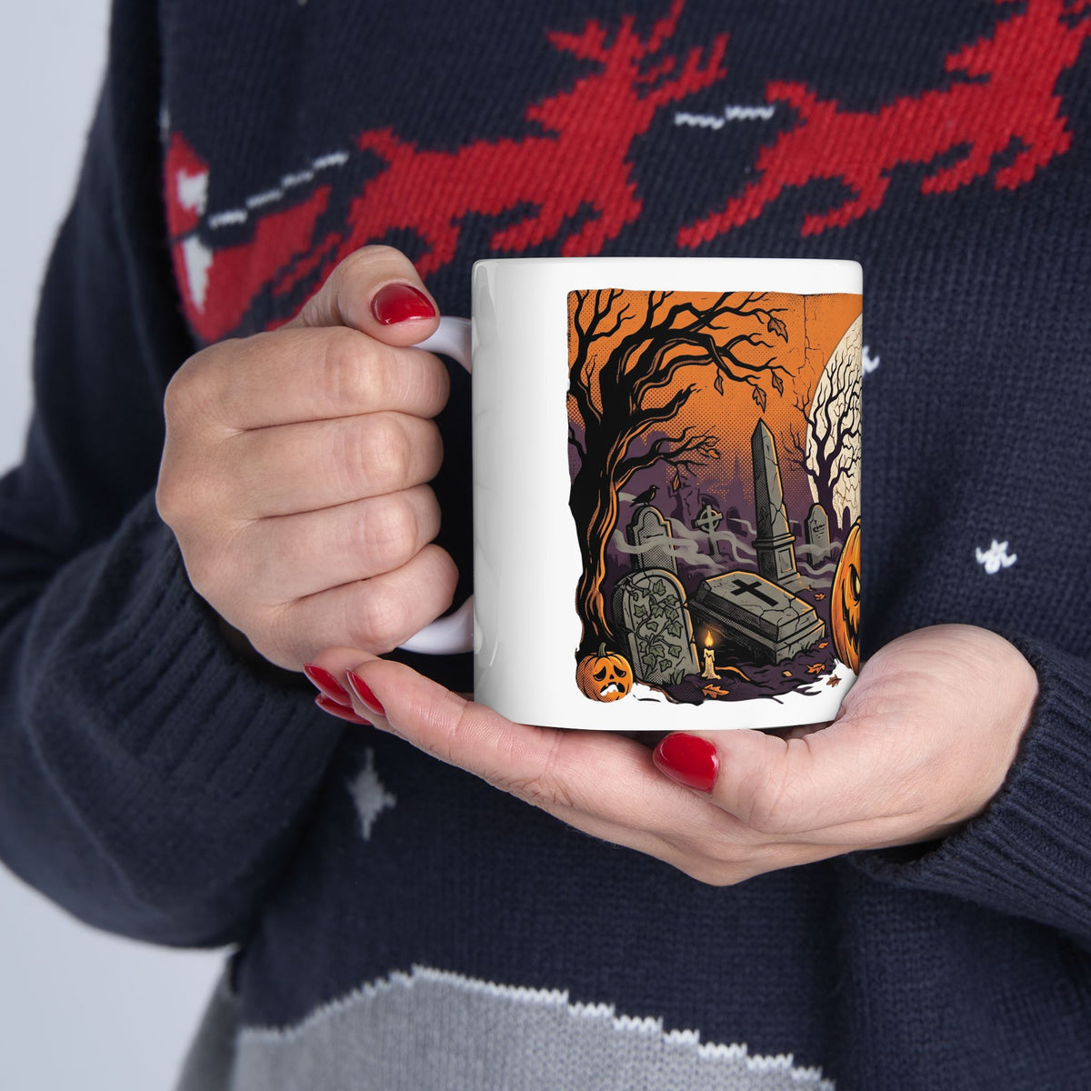 Halloween Pumpkin Mug — Spooky Graveyard Jack-o'-Lantern Ceramic Coffee Cup (11oz/15oz)