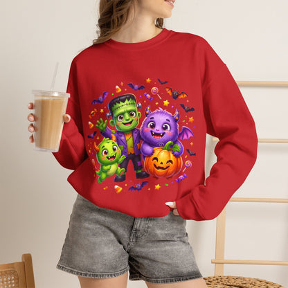 Halloween Monster Crewneck Sweatshirt — Cute Frankenstein, Vampire & Pumpkin Design