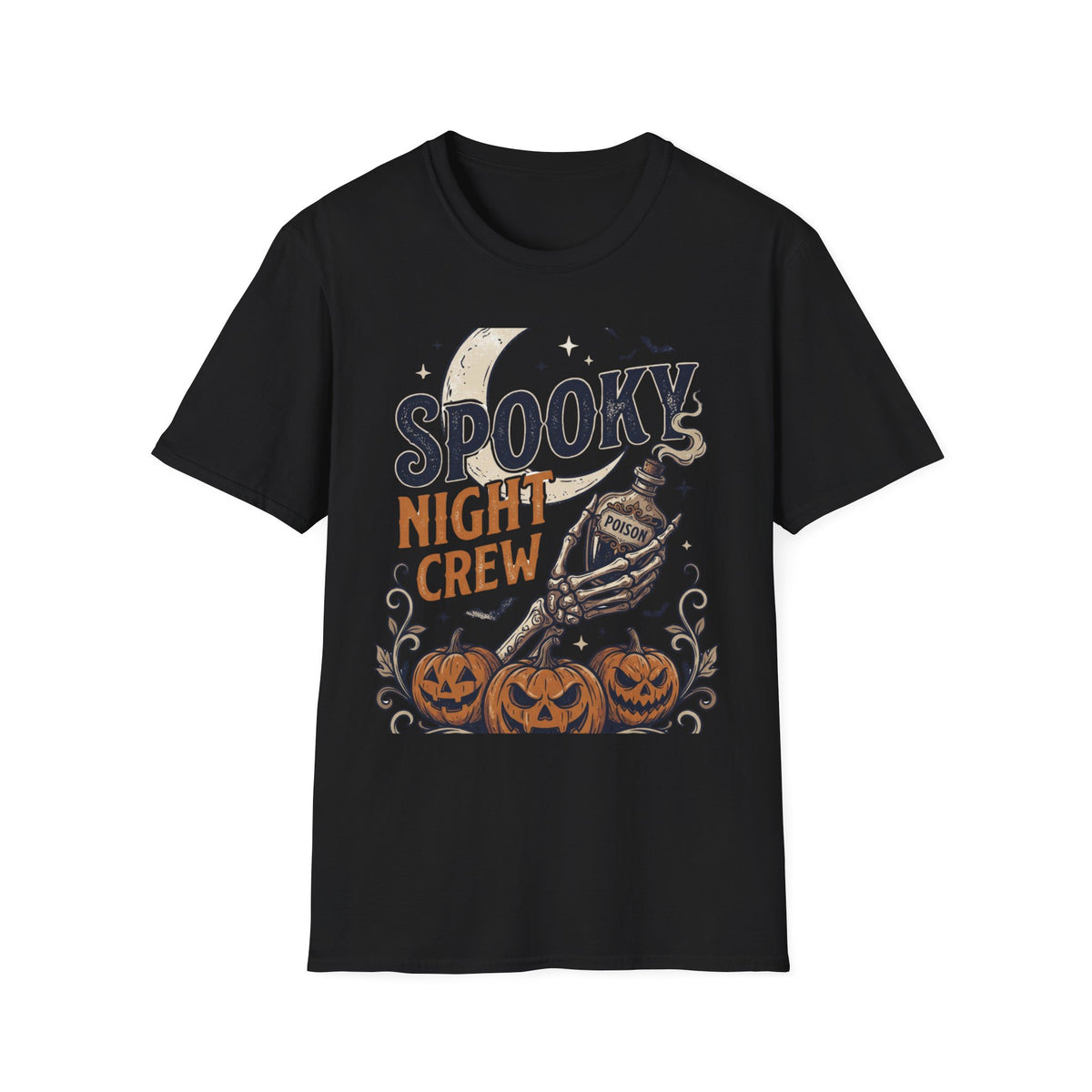 Spooky Night Crew T-Shirt — Halloween Moon, Skeleton & Pumpkins Tee