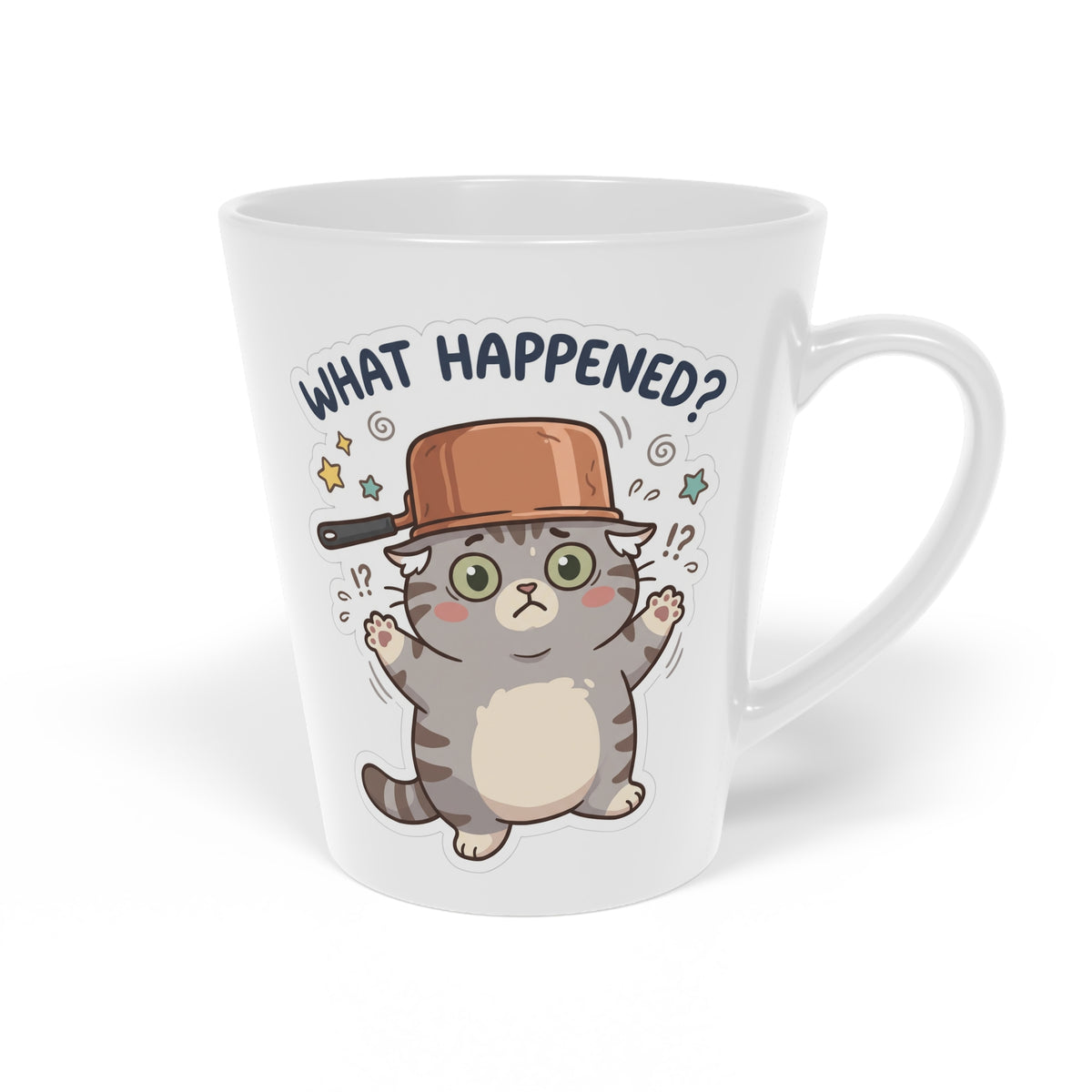 Latte Mug — Cute Cat 'What Happened?' Coffee Cup, 12oz
