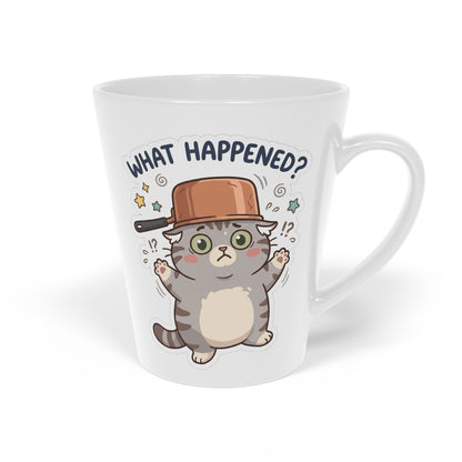 Latte Mug — Cute Cat 'What Happened?' Coffee Cup, 12oz